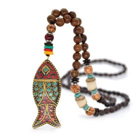 Women Vintage Nepal Ethnic Style Fish Pendant Long Handmade Beaded Necklace