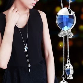 Sweater Chain Long Versatile Artificial Crystal Small Fish Pendant Simple Tassel Necklace Female Pendant (Color: Sinking Fish And Wild Goose White K-blue)